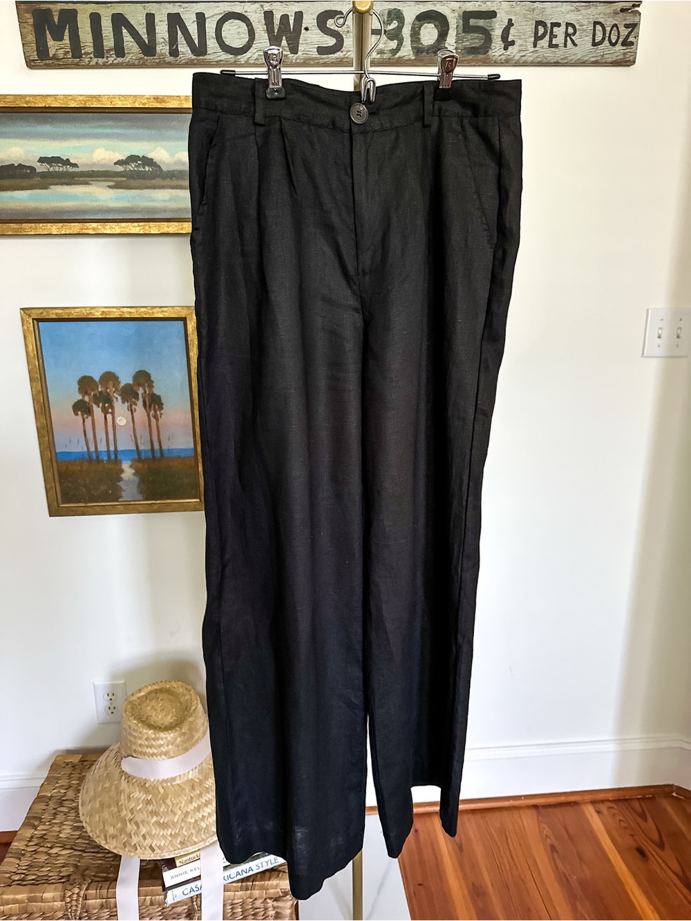 Saks Fifth Avenue Black 100% Linen Relaxed Straight Trouser Medium NWOT